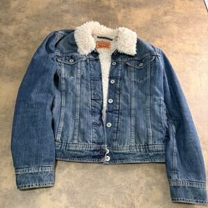 Levi's Sherpa Trucker Jacket Womens Large Blue Denim Faux Fur Lined 4102